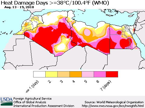 North Africa Heat Damage Days >=38°C/100°F (WMO) Thematic Map For 8/13/2018 - 8/19/2018