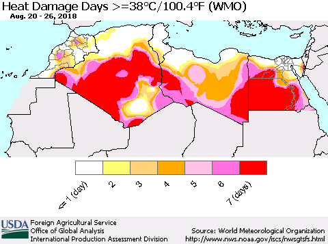 North Africa Heat Damage Days >=38°C/100°F (WMO) Thematic Map For 8/20/2018 - 8/26/2018