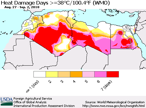 North Africa Heat Damage Days >=38°C/100°F (WMO) Thematic Map For 8/27/2018 - 9/2/2018