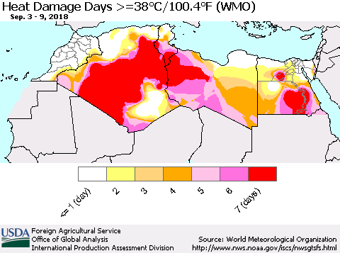 North Africa Heat Damage Days >=38°C/100°F (WMO) Thematic Map For 9/3/2018 - 9/9/2018