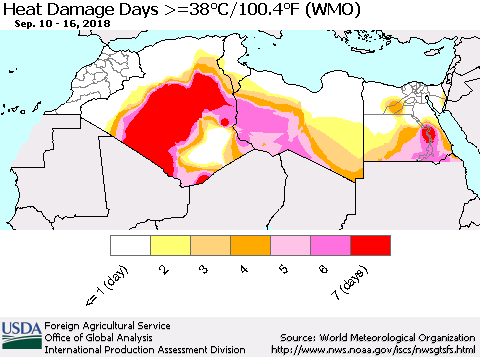 North Africa Heat Damage Days >=38°C/100°F (WMO) Thematic Map For 9/10/2018 - 9/16/2018