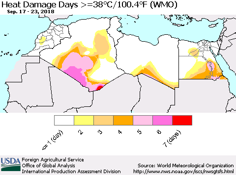North Africa Heat Damage Days >=38°C/100°F (WMO) Thematic Map For 9/17/2018 - 9/23/2018