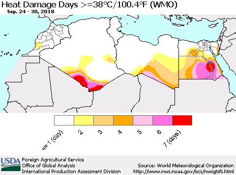 North Africa Heat Damage Days >=38°C/100°F (WMO) Thematic Map For 9/24/2018 - 9/30/2018