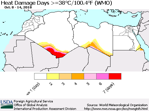 North Africa Heat Damage Days >=38°C/100°F (WMO) Thematic Map For 10/8/2018 - 10/14/2018