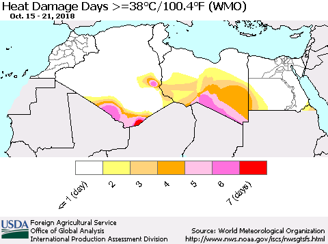 North Africa Heat Damage Days >=38°C/100°F (WMO) Thematic Map For 10/15/2018 - 10/21/2018