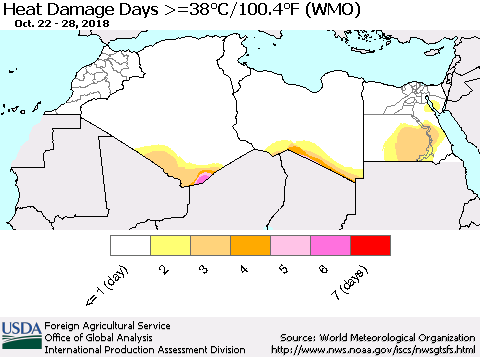 North Africa Heat Damage Days >=38°C/100°F (WMO) Thematic Map For 10/22/2018 - 10/28/2018