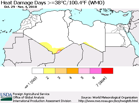 North Africa Heat Damage Days >=38°C/100°F (WMO) Thematic Map For 10/29/2018 - 11/4/2018