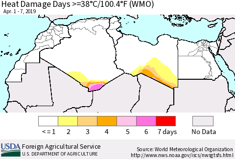 North Africa Heat Damage Days >=38°C/100°F (WMO) Thematic Map For 4/1/2019 - 4/7/2019