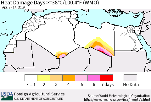 North Africa Heat Damage Days >=38°C/100°F (WMO) Thematic Map For 4/8/2019 - 4/14/2019