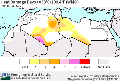North Africa Heat Damage Days >=38°C/100°F (WMO) Thematic Map For 4/15/2019 - 4/21/2019