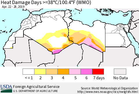 North Africa Heat Damage Days >=38°C/100°F (WMO) Thematic Map For 4/22/2019 - 4/28/2019