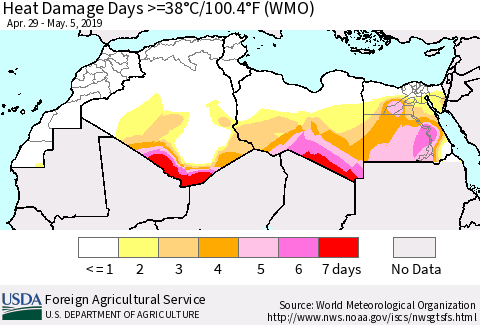 North Africa Heat Damage Days >=38°C/100°F (WMO) Thematic Map For 4/29/2019 - 5/5/2019