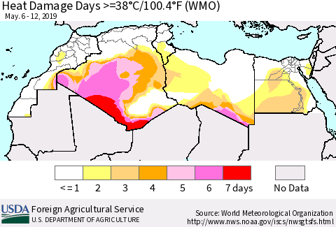 North Africa Heat Damage Days >=38°C/100°F (WMO) Thematic Map For 5/6/2019 - 5/12/2019