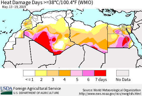 North Africa Heat Damage Days >=38°C/100°F (WMO) Thematic Map For 5/13/2019 - 5/19/2019