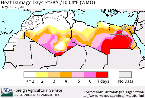 North Africa Heat Damage Days >=38°C/100°F (WMO) Thematic Map For 5/20/2019 - 5/26/2019