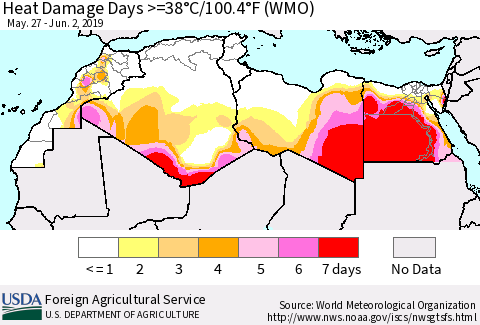 North Africa Heat Damage Days >=38°C/100°F (WMO) Thematic Map For 5/27/2019 - 6/2/2019