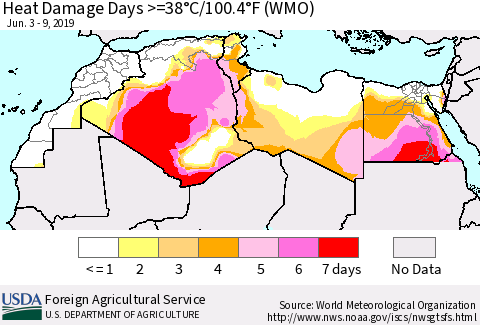 North Africa Heat Damage Days >=38°C/100°F (WMO) Thematic Map For 6/3/2019 - 6/9/2019