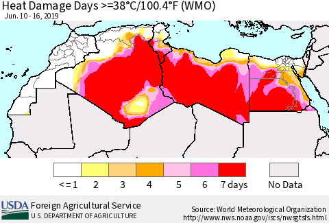 North Africa Heat Damage Days >=38°C/100°F (WMO) Thematic Map For 6/10/2019 - 6/16/2019
