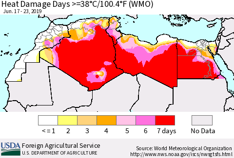 North Africa Heat Damage Days >=38°C/100°F (WMO) Thematic Map For 6/17/2019 - 6/23/2019