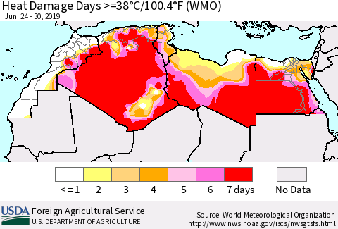 North Africa Heat Damage Days >=38°C/100°F (WMO) Thematic Map For 6/24/2019 - 6/30/2019