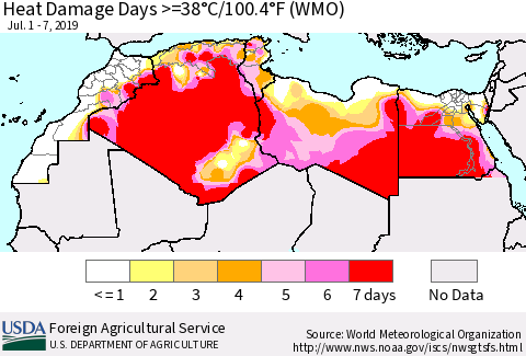 North Africa Heat Damage Days >=38°C/100°F (WMO) Thematic Map For 7/1/2019 - 7/7/2019