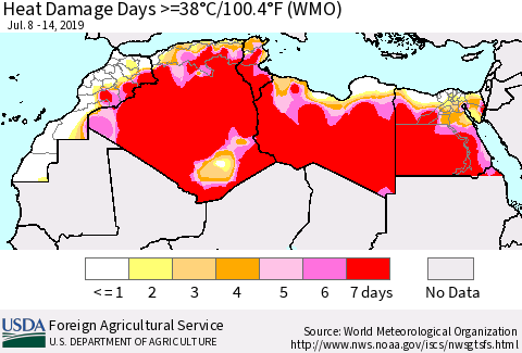 North Africa Heat Damage Days >=38°C/100°F (WMO) Thematic Map For 7/8/2019 - 7/14/2019