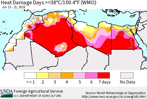 North Africa Heat Damage Days >=38°C/100°F (WMO) Thematic Map For 7/15/2019 - 7/21/2019