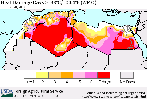 North Africa Heat Damage Days >=38°C/100°F (WMO) Thematic Map For 7/22/2019 - 7/28/2019