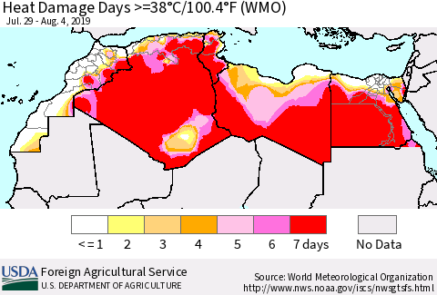 North Africa Heat Damage Days >=38°C/100°F (WMO) Thematic Map For 7/29/2019 - 8/4/2019