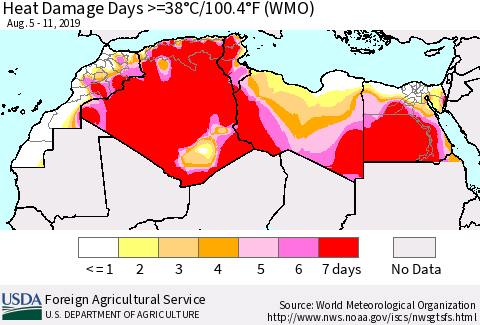 North Africa Heat Damage Days >=38°C/100°F (WMO) Thematic Map For 8/5/2019 - 8/11/2019