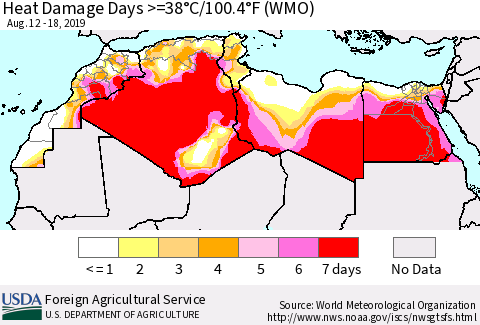 North Africa Heat Damage Days >=38°C/100°F (WMO) Thematic Map For 8/12/2019 - 8/18/2019