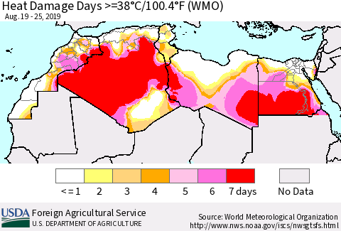 North Africa Heat Damage Days >=38°C/100°F (WMO) Thematic Map For 8/19/2019 - 8/25/2019
