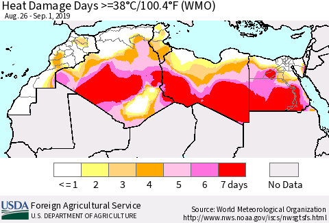 North Africa Heat Damage Days >=38°C/100°F (WMO) Thematic Map For 8/26/2019 - 9/1/2019