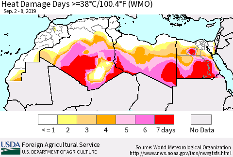 North Africa Heat Damage Days >=38°C/100°F (WMO) Thematic Map For 9/2/2019 - 9/8/2019