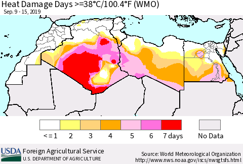 North Africa Heat Damage Days >=38°C/100°F (WMO) Thematic Map For 9/9/2019 - 9/15/2019