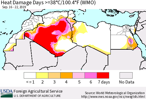 North Africa Heat Damage Days >=38°C/100°F (WMO) Thematic Map For 9/16/2019 - 9/22/2019