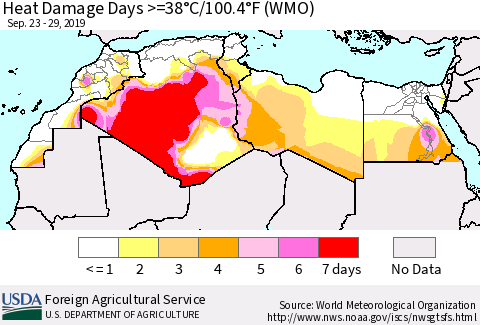 North Africa Heat Damage Days >=38°C/100°F (WMO) Thematic Map For 9/23/2019 - 9/29/2019