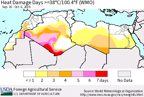 North Africa Heat Damage Days >=38°C/100°F (WMO) Thematic Map For 9/30/2019 - 10/6/2019