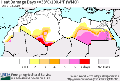North Africa Heat Damage Days >=38°C/100°F (WMO) Thematic Map For 10/7/2019 - 10/13/2019