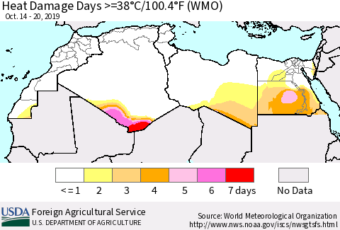 North Africa Heat Damage Days >=38°C/100°F (WMO) Thematic Map For 10/14/2019 - 10/20/2019