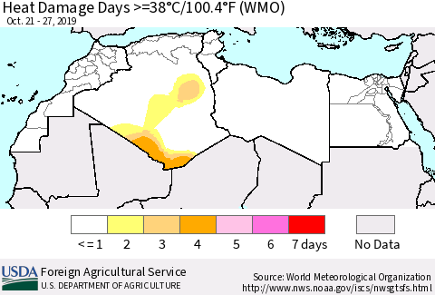 North Africa Heat Damage Days >=38°C/100°F (WMO) Thematic Map For 10/21/2019 - 10/27/2019