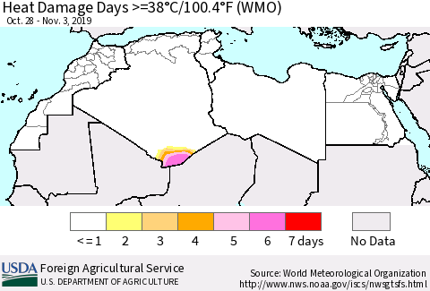 North Africa Heat Damage Days >=38°C/100°F (WMO) Thematic Map For 10/28/2019 - 11/3/2019