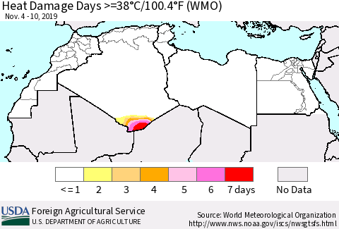 North Africa Heat Damage Days >=38°C/100°F (WMO) Thematic Map For 11/4/2019 - 11/10/2019