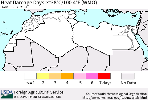 North Africa Heat Damage Days >=38°C/100°F (WMO) Thematic Map For 11/11/2019 - 11/17/2019