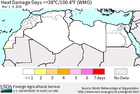 North Africa Heat Damage Days >=38°C/100°F (WMO) Thematic Map For 3/2/2020 - 3/8/2020
