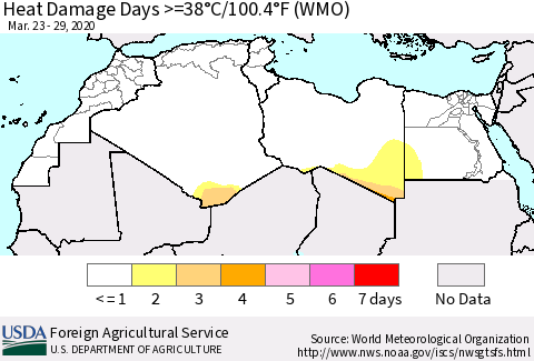 North Africa Heat Damage Days >=38°C/100°F (WMO) Thematic Map For 3/23/2020 - 3/29/2020