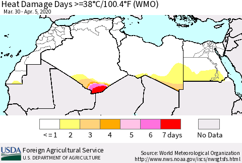 North Africa Heat Damage Days >=38°C/100°F (WMO) Thematic Map For 3/30/2020 - 4/5/2020