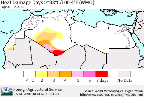 North Africa Heat Damage Days >=38°C/100°F (WMO) Thematic Map For 4/6/2020 - 4/12/2020