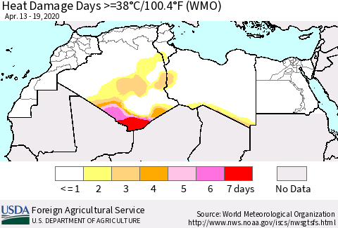 North Africa Heat Damage Days >=38°C/100°F (WMO) Thematic Map For 4/13/2020 - 4/19/2020