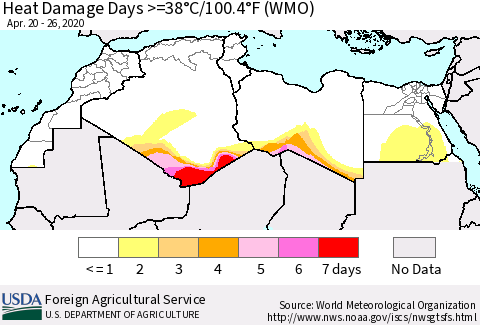 North Africa Heat Damage Days >=38°C/100°F (WMO) Thematic Map For 4/20/2020 - 4/26/2020